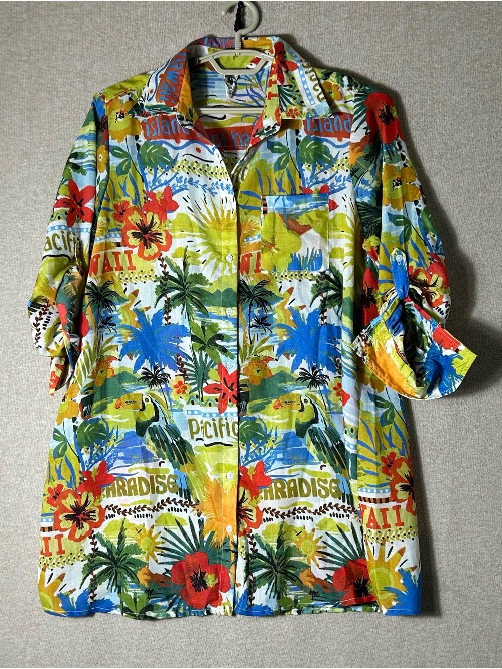 Womens‎ Hawaiian Tunic Large Island Paradise Palms Maui Resort Button Up Shirt